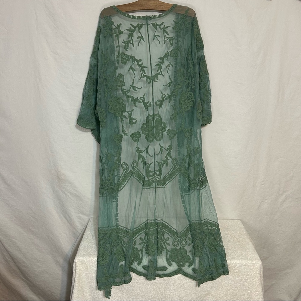 White Birch Sage Green Floral Embroidered Lace Kimono Cardigan - Size M - Picture 6 of 14